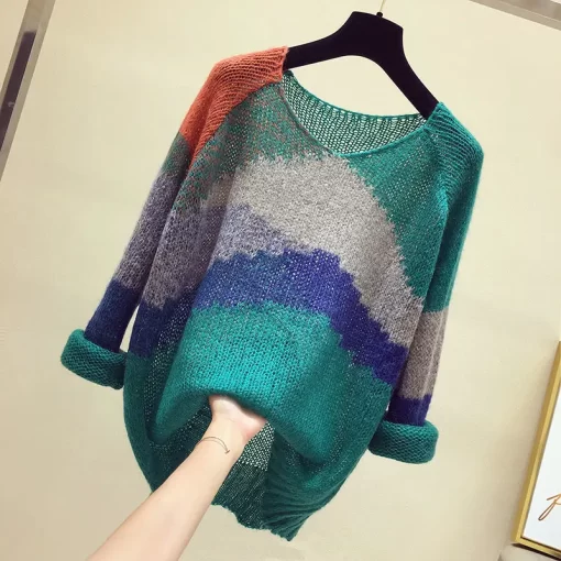 3gnSStriped Color block Knitted Sweater Women Fashion Thin Section Long sleeved Loose Hollow Lazy Sweater Pullover