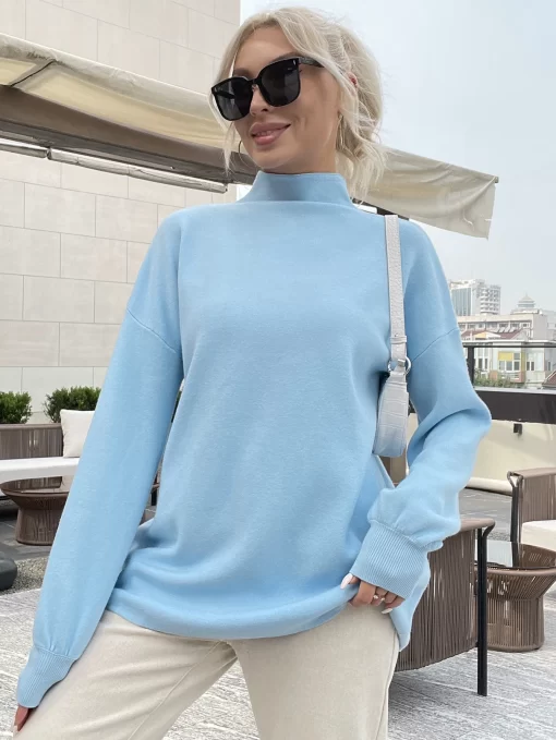 3wCQWixra Women Solid Turtleneck Sweater Autumn Winter Pullover Loose Knitwear Lantern Sleeve Knitted Casual Tops