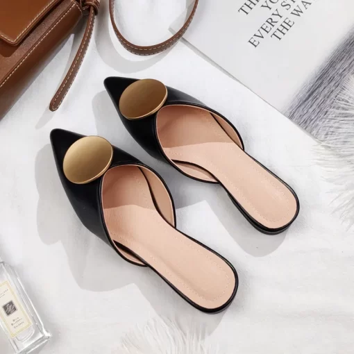 43WGWomen Shoes Ladies Mules Pointed Toe Shoes Woman Slippers Plus Size 42 Solid Black Leather Sole