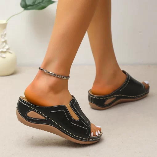 4nwmRetro Thick Sole Wedge Slippers Women 2023 Summer Pu Leather Platform Sandals Woman Plus Size 43