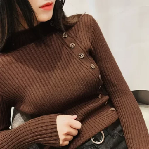 5YuY2023 Knitted Women Sweater Ribbed Pullovers Button High Neck Autumn Winter Basic Women Sweaters Fit Soft