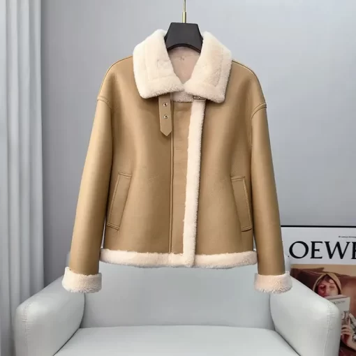 5twdWomen Real Wool Fur Coat Parka Girl Winter Warm Sheep Shearing Fur Coats Long Jacket Buttons