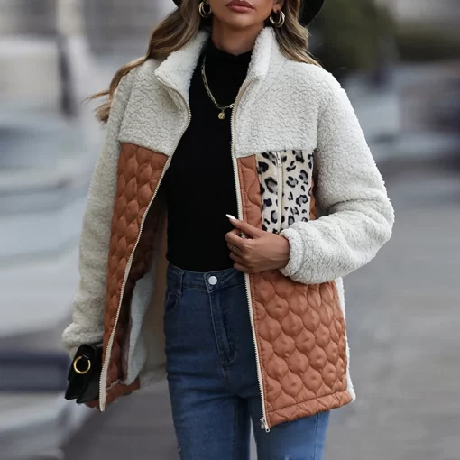 75wPAutumn Winter Women Lamb Wool Jacket Fashion Zipper Stand Collar Patchwork Coat Casual Ladies Pocket Straight