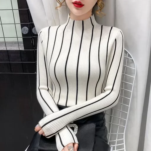 79SwAutumn Winter New Half High Neck Sweater Women s Colored Long Sleeved Pullover Patchwork Screw Thread