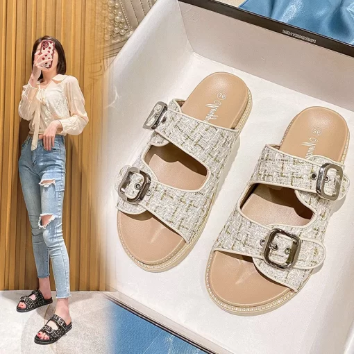 7WI42023 rhinestone crystal buckle slippers women brand design crystal double flip flops female platform slides sandals