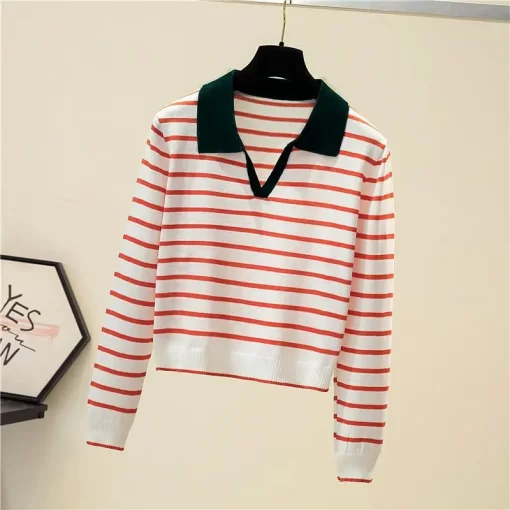 8WhWFashion Women Clothing Long Sleeve Striped Sweater Spring Autumn New V Neck Versatile Loose Casual Basic