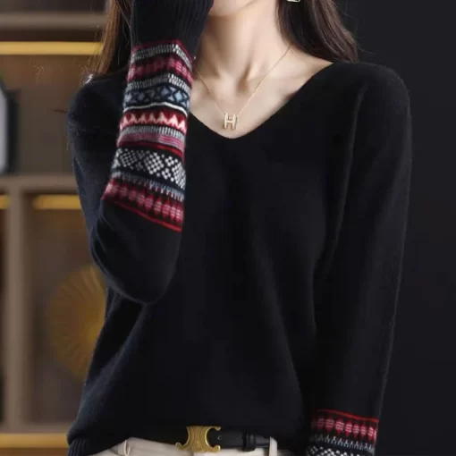 9QAzAutumn Winter Fashion All match Long Sleeve Patchwork Sweaters Women s Clothing Korean Temperament Lady V
