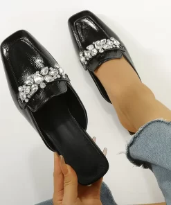 9U4IPlus Size 36 42 crystal slippers women sandalias diamond cover toe slides shoes square toe japanned