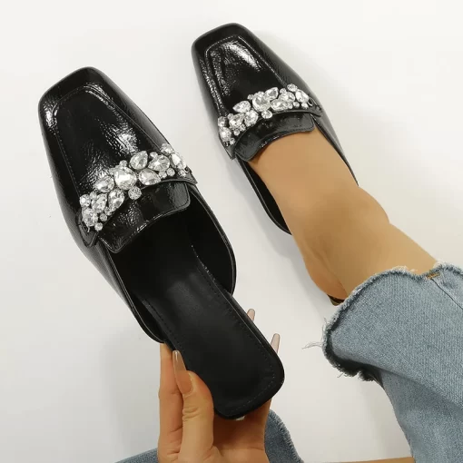 9U4IPlus Size 36 42 crystal slippers women sandalias diamond cover toe slides shoes square toe japanned