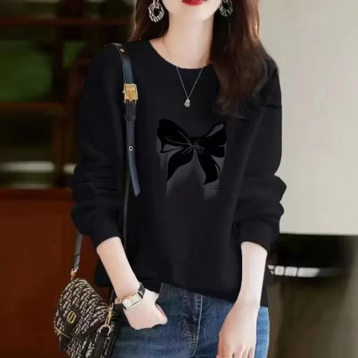 9a2ySpring Autumn Bow Printing Loose Casual Cotton Sweatshirt Ladies Simple All match Pullover Top Women Comfortable