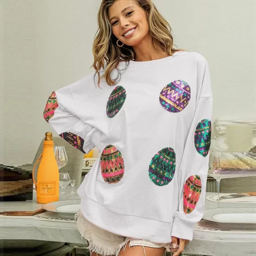 9lzXColorful Eggs Sequin Print Pullover Tops Crew Neck Happy Easter Print T shirt