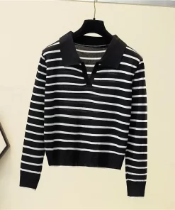 AQKaFashion Women Clothing Long Sleeve Striped Sweater Spring Autumn New V Neck Versatile Loose Casual Basic