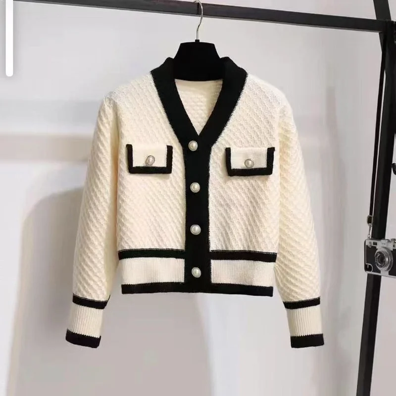 AlDYAutumn And Winter Color blocking Knitted Top Women Cardigan Long sleeved V neck Short 2023 New