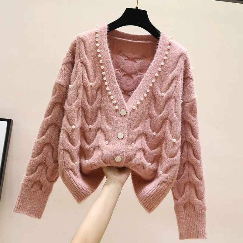 Ampr2023 new fashion all match knitted outer wear sweater Sweet beaded V neck knitted cardigan women