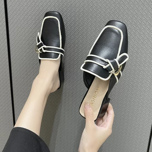 BHOQBlack Mules Shoes For Women Slip On Square Heel Slippers Women 2024 New Luxury Designer PU