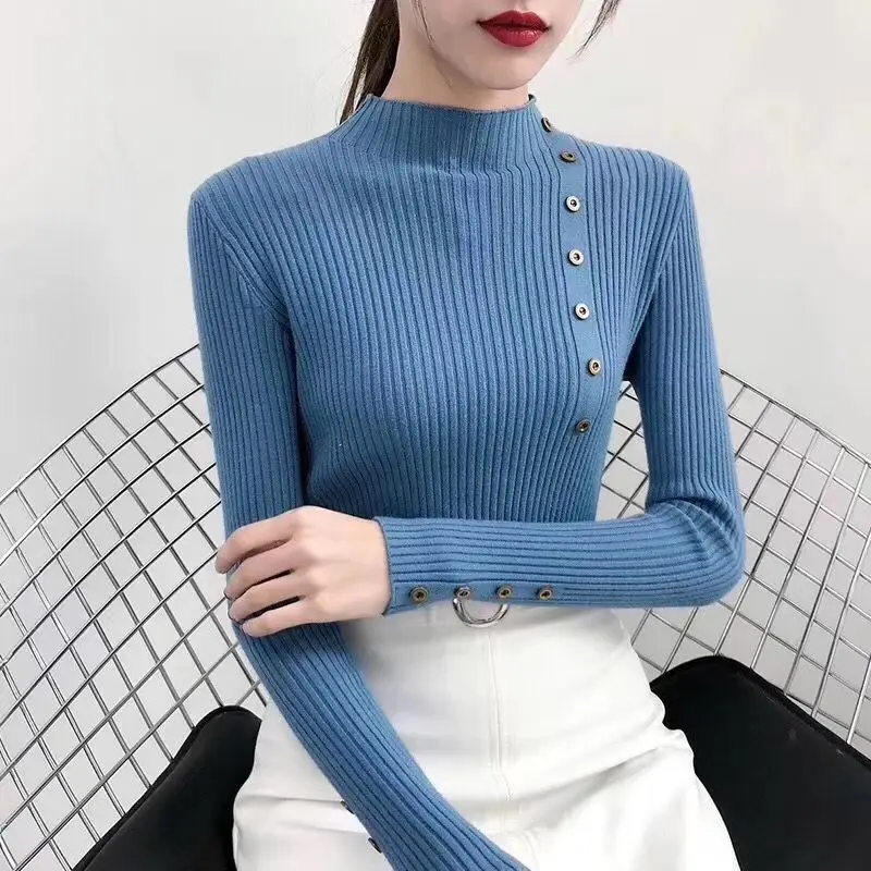 BlHs2023 Women Autumn Knitted Slim Sweaters Solid Knitted Female Cotton Soft Elastic Color Pullovers Button Full