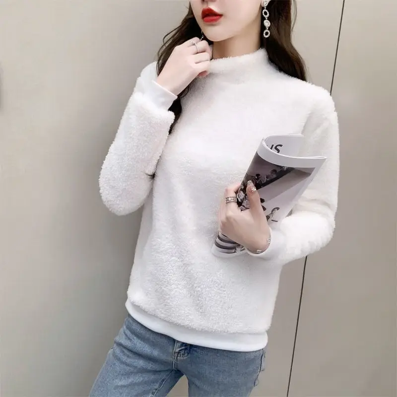 CsN8Fashion Stand Collar All match Solid Color Blouses Women s Clothing 2023 Winter Loose Korean Pullovers