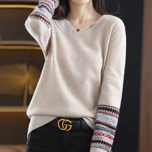 DoUTAutumn Winter Fashion All match Long Sleeve Patchwork Sweaters Women s Clothing Korean Temperament Lady V