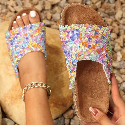 Dow9Europe and The United States Slippers Wind Popular Diamond Sequins Outside Wear Vacation Home Beach Female