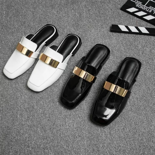 EjHSfamous brand metal decoration slippers women square toe mules japanned leather flip flops thick low heels