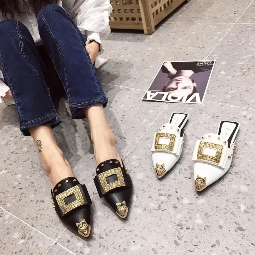 F760Women Slippers Summer Mules Luxury Shoes Slip on Loafer Design Slide Ladies Party Pointed Toe Flats