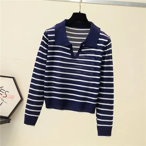 F7hIFashion Women Clothing Long Sleeve Striped Sweater Spring Autumn New V Neck Versatile Loose Casual Basic