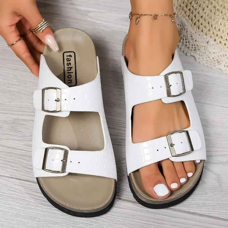 FABVLadies Shoes on Sale 2024 High Quality Open Toe Women Slippers Summer Buckle Snake Pattern Solid