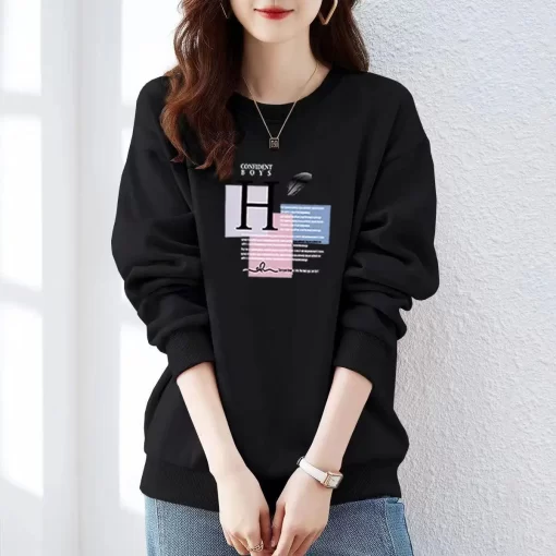 G5NcSpring Autumn Bow Printing Loose Casual Cotton Sweatshirt Ladies Simple All match Pullover Top Women Comfortable