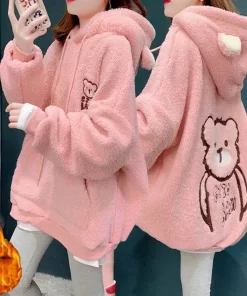 GxUuAutumn Winter Lamb Hoodies Women Kawaii Plush Sweatshirt Jacket Casual Warm Hooded Ear Female Cute Bear