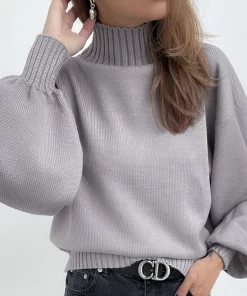 HBaYINGOO Puff Sleeve Turtleneck Fashion Casual Sweater Oversize Elegant Top Woman Autumn Winter 2022 Solid Pullover
