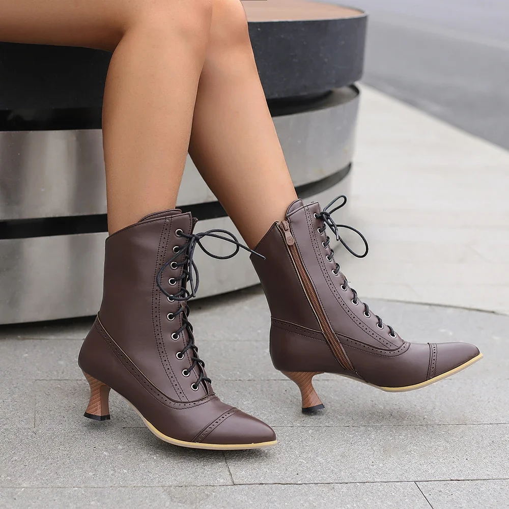 High Heeled Short Boots Women British Style Noble Knight Booties Pointed Toe Cross tied Lace up Ankle Boots Medieval Retro Boots
