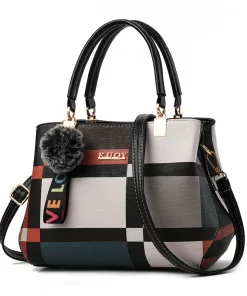 I28hLuxury Plaid Handbag Women Hairball PU Leather Shoulder Bag Large Capacity Crossbody Bag Brand Handle Bag