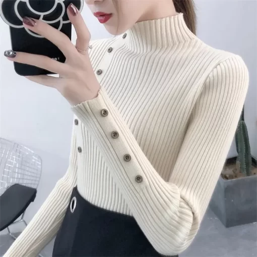 ICrF2023 Women Autumn Knitted Slim Sweaters Solid Knitted Female Cotton Soft Elastic Color Pullovers Button Full