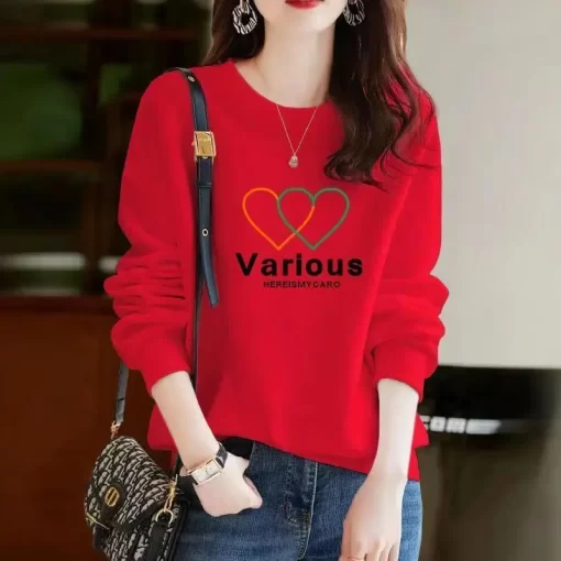 IwBmSpring Autumn Bow Printing Loose Casual Cotton Sweatshirt Ladies Simple All match Pullover Top Women Comfortable