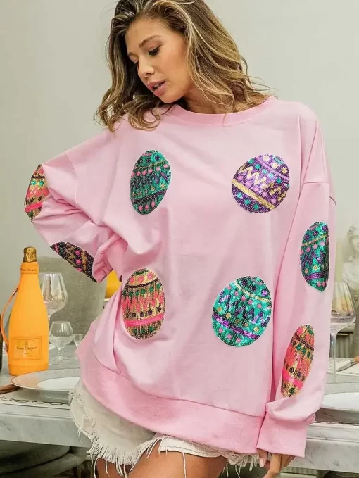 J355Colorful Eggs Sequin Print Pullover Tops Crew Neck Happy Easter Print T shirt