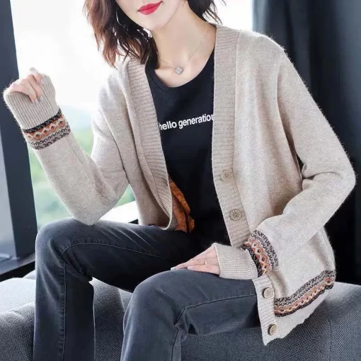 JJ9tWTEMPO Spring Autumn Solid Color Women s Knitted Cardigan Long Sleeve Korean Loose V Neck Button