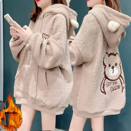 JJWPAutumn Winter Lamb Hoodies Women Kawaii Plush Sweatshirt Jacket Casual Warm Hooded Ear Female Cute Bear