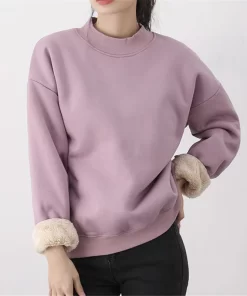 JTUoLamb Wool M 4xl Warm Solid Color Simple Sweatshirts Women Autumn Winter Plus Velvet Loose O