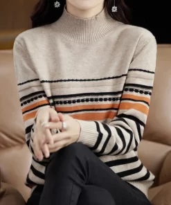 LeXEWomen New Pure Wool Soft Sweater Half high Collar Color Strip Pullover Autumn Winter Casual Versatile