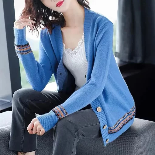 LlhBWTEMPO Spring Autumn Solid Color Women s Knitted Cardigan Long Sleeve Korean Loose V Neck Button