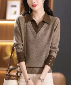 MfsnFashion Original Autumn New Fake Two Piece Polo Neck Sweater Women s Contrast Button Loose Simple