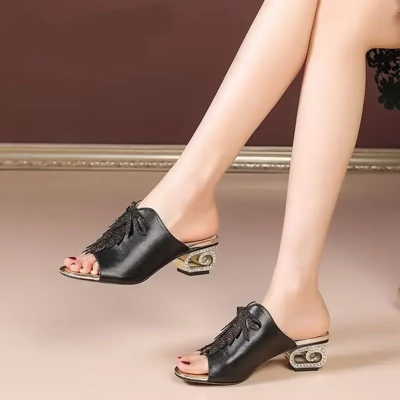 NstK2023 New Design Women Rhinestone Leaf Slippers Strange Heel Summer Shoes Slides Peep Toe White Black