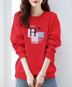 PLaQSpring Autumn Bow Printing Loose Casual Cotton Sweatshirt Ladies Simple All match Pullover Top Women Comfortable