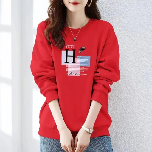 PLaQSpring Autumn Bow Printing Loose Casual Cotton Sweatshirt Ladies Simple All match Pullover Top Women Comfortable