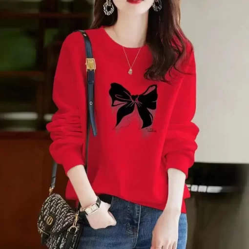 Pg3dSpring Autumn Bow Printing Loose Casual Cotton Sweatshirt Ladies Simple All match Pullover Top Women Comfortable