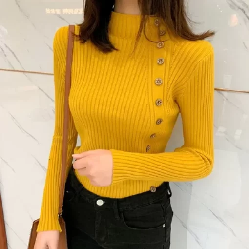 Q8vB2023 Knitted Women Sweater Ribbed Pullovers Button High Neck Autumn Winter Basic Women Sweaters Fit Soft