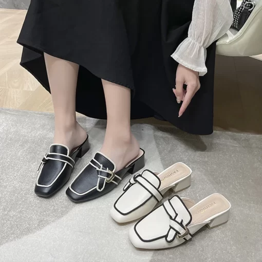 RAkzBlack Mules Shoes For Women Slip On Square Heel Slippers Women 2024 New Luxury Designer PU