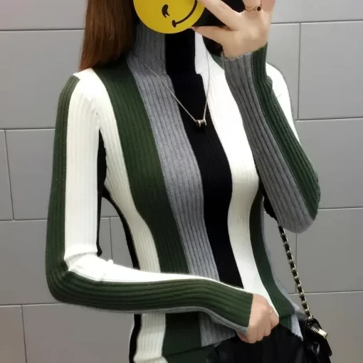 Ra0jAutumn Winter New Half High Neck Sweater Women s Colored Long Sleeved Pullover Patchwork Screw Thread