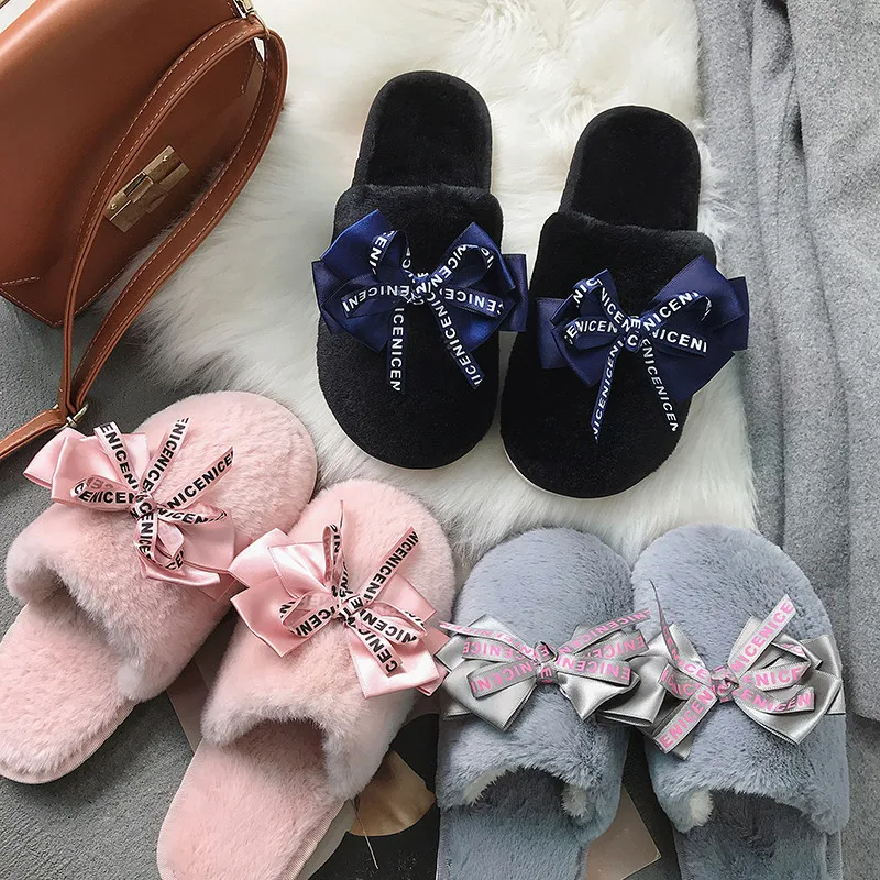 RcUACOOTELILI Women Home Slippers Winter Warm Shoes Woman Slip on Flats Slides Female Faux Fur Slippers