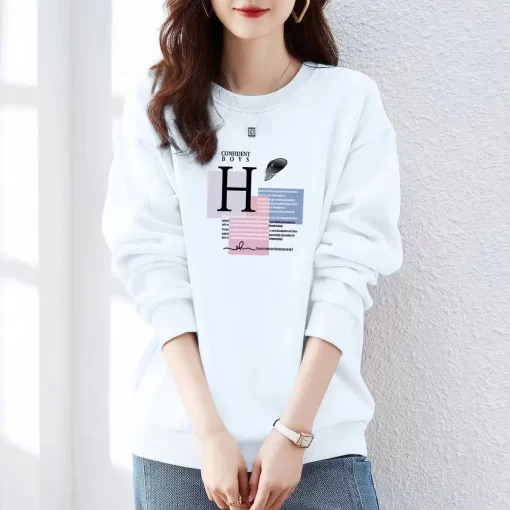 SjyTSpring Autumn Bow Printing Loose Casual Cotton Sweatshirt Ladies Simple All match Pullover Top Women Comfortable